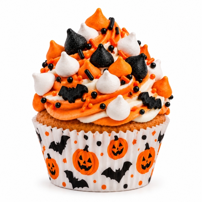 beziki-halloween-do-muffinek muffinka-halloween-z-cukrowymi-bezikami-czarnymi-bialymi-pomaranczowymi