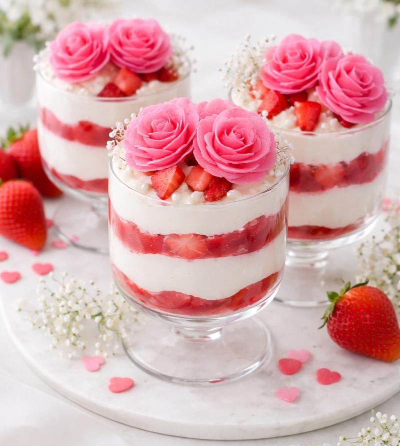 Róża chińska z wafla – dekoracja deserów w pucharkach Róża chińska z wafla różowa jako dekoracja deserów w pucharkach
