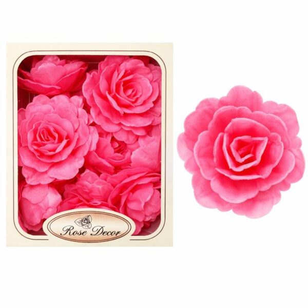 Kwiaty z wafla na tort – róża chińska różowa 5,5 cm (18 szt.)