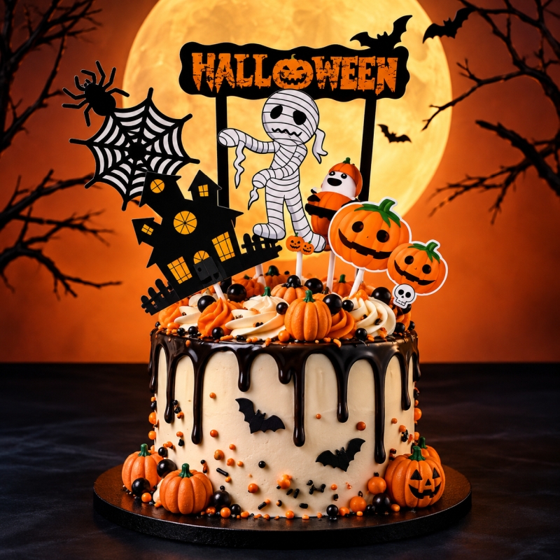dekoracje-tortu-halloween-toppery dekoracje-na-tort-halloween-topper-dynia-zombie-pajeczyna